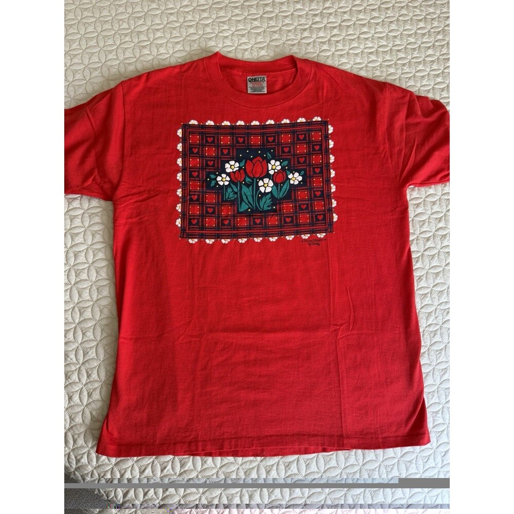 Vintage Single Stitch T-shirt USA Made Size L Country Tulips Hearts Grannycore